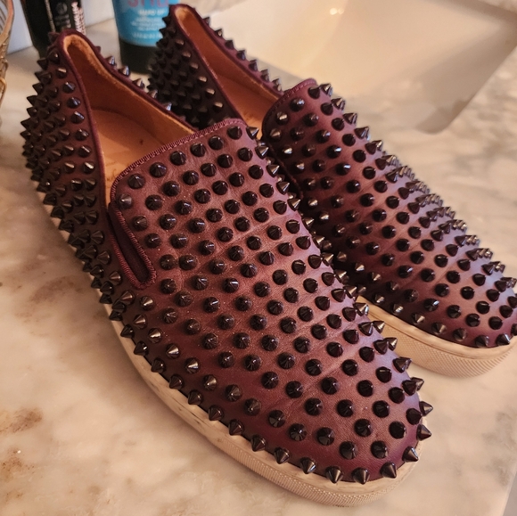 Red Studded Loafers Slip-Ons with Suede Texture - Picture 1 of 16